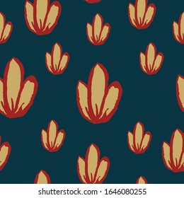 Seamless pattern with hand drawn tulips. Dark turquoise, red and beige. Spring easter decoration. Doodle style. Summer floral ornament. For postcards, textile, wrapping paper and scrapbooking