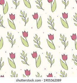 Seamless pattern with hand drawn tulips and leaves for spring prints, wrapping paper, wallpaper, scrapbooking, textile, packaging, etc. Eps 10