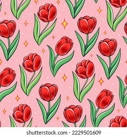 Seamless pattern with hand drawn tulips in pop art retro comics style