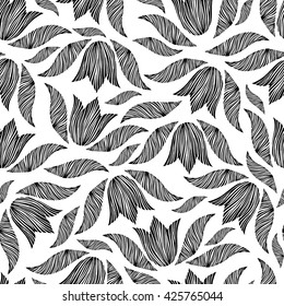 Seamless pattern with hand drawn tulips and leaves