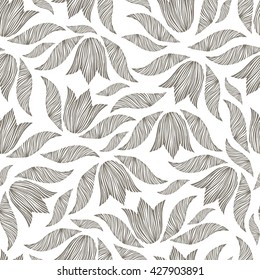 Seamless pattern with hand drawn tulips and leaves