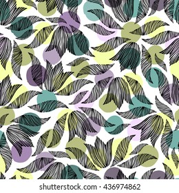 Seamless pattern with hand drawn tulips and leaves on a polka dot background