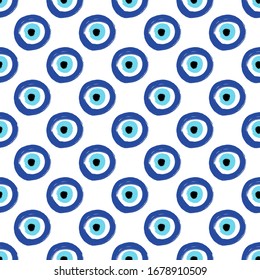 Seamless Pattern With Hand Drawn Turkish Eye. Symbol Of Protection Turkey, Greece, Cyprus, Crete. Background With Magic Items, Attributes. Amulet - Blue Turkish Fatima's Eye.