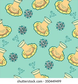 Seamless pattern with hand drawn turkish tea set: turkish cup and arabic flower. Vector illustration. Tea culture. East tea ceremony and Turkish set with tea cup. Sketch art. 