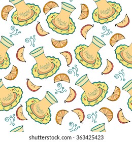 Seamless pattern with hand drawn turkish tea set: turkish cup with arabic flower decorated with slice of orange and apple. Vector illustration. Tea east culture. Tea ceremony. yellow cup.