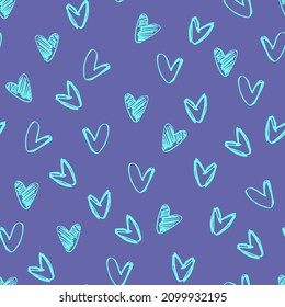 Seamless pattern. Hand drawn turquoise heart shapes, outlined and shaded, on Very Peri colors of the year 2022 background, for wrapping paper. Valentines Day concept, love, romance concept
