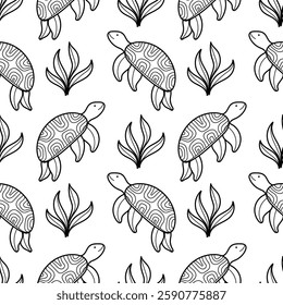 Seamless pattern of hand drawn turtles on white background
