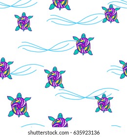 Seamless pattern with hand drawn turtles, vector illustration