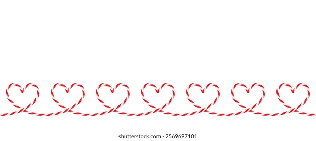 Seamless pattern, hand drawn twisted cotton rope cord ribbon, candy stripe in the shape of heart for Valentine's day. Packing string, white red rope bakers twine. Flat Vector on transparent EPS10