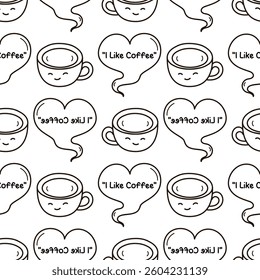 seamless pattern hand drawn two coffee cups with smiling faces with smoke forming a heart