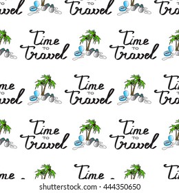Seamless pattern with hand drawn typography lettering phrase -Time to travel- and doodle traveling elements. Tourism concept.Vector design for textile, packaging. wallpaper, fabric, print