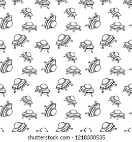 Seamless pattern hand drawn UFO. Doodle black sketch. Sign symbol. Decoration element. Isolated on white background. Flat design. Vector illustration.