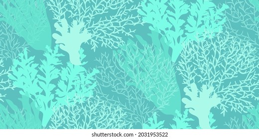 Seamless pattern of hand drawn underwater blue corals and sea reefs in doodle style. Vector illustration.