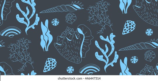 Seamless pattern with hand drawn underwater creatures.