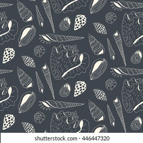 Seamless pattern with hand drawn underwater creatures.