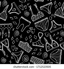 Ropa interior dibujada a mano con un patrón inoxidable: sostenes y bragas de estilo doodle. Ilustración vectorial en negro.