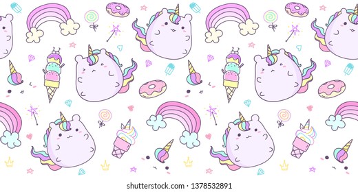Seamless pattern with hand drawn unicorn in pastel color. Kawaii unicorn background for kid.