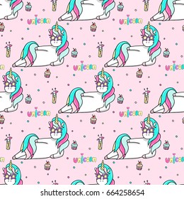 Seamless pattern with a hand drawn unicorn in a star-sunglasses, cocktail, cupcakes and lettering Unicorn