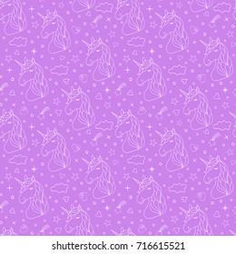 Seamless pattern of hand drawn unicorns on pink background. Vector illustration.