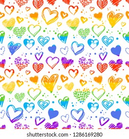 Seamless pattern with hand drawn Valentine grunge hearts in lgbt flag color.