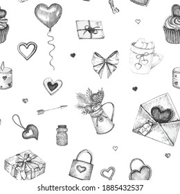 Seamless pattern with hand drawn valentine elements in sketch style. Set of hearts. Black and white holiday background.