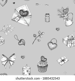 Seamless pattern with hand drawn valentine elements in sketch style. Set of hearts. Black and white holiday background.
