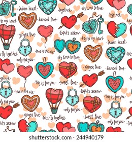 seamless pattern with hand drawn valentine objects in the form of heart  with funny text