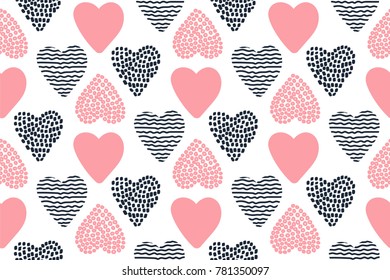 Seamless pattern with hand drawn Valentine hearts. Good for wallpaper, wrapping paper, invitation cards, textile print. Background for St. Valentine's Day. Vector illustration.