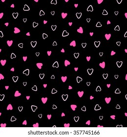Seamless pattern hand drawn for Valentines day, with pink hearts on a black background. Vector illustration.