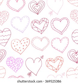Seamless pattern with hand drawn Valentine's Day hearts in red and pink colors. Vector love romantic style background. Perfect for textile fabric design, decorative paper and website wallpaper
