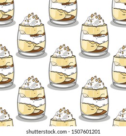 Seamless pattern with hand drawn vanilla puddings on a white background.