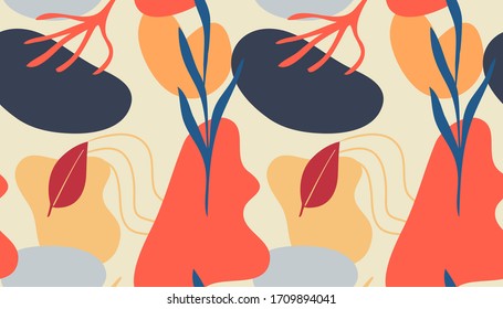 Seamless pattern of Hand drawn various shapes doodle objects, lines and plant leaf foliage background Colorful floral background for patterns. Abstract vector design illustration