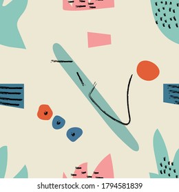 Seamless pattern. Hand drawn various shapes and doodle objects. Abstract contemporary modern trendy vector illustration. 