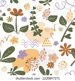 Seamless pattern of hand drawn various flowers and shapes. Abstract contemporary modern trendy background.