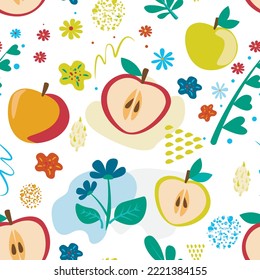 Seamless pattern of hand drawn various apples and flowers. Abstract contemporary modern trendy background.