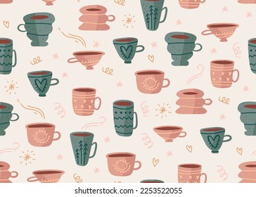 Seamless Pattern of Hand drawn various Cups with Hot tea or coffee. Doodle vector background