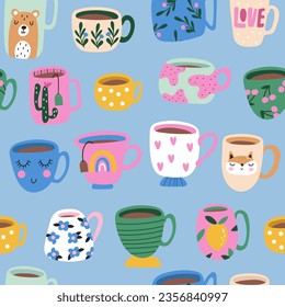 Seamless pattern with Hand drawn various Coffee and tea cup. Vector illustration.