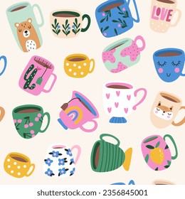 Seamless pattern with Hand drawn various Coffee and tea cup. Vector illustration.