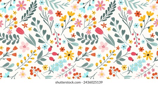 Seamless pattern with hand drawn various blooming spring flowers and leaves on white background in flat vector style. For textile, wallpaper, wrapper.