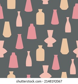 Seamless pattern of hand drawn vases. Clay pottery in pink colors on grey background 