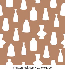 Seamless pattern of hand drawn vases. White clay pottery on brown background 