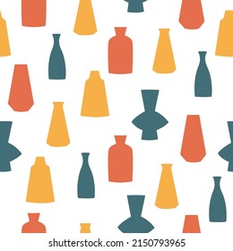 Seamless pattern of hand drawn vases. Blue, yellow and red clay pottery on white background. Vector illustration