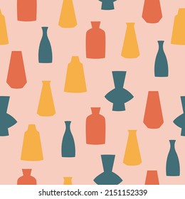 Seamless pattern of hand drawn vases. Blue, yellow and red clay pottery on pink background 