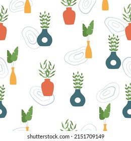 Seamless pattern of hand drawn vases with branches. Blue, yellow and red clay pottery on white background. Vector illustration