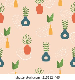 Seamless pattern of hand drawn vases with branches. Blue, yellow and red clay pottery on pink background 