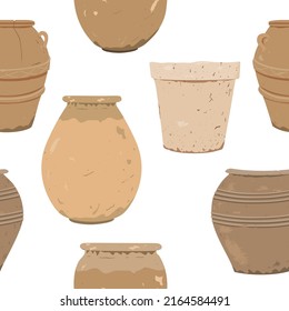 Seamless pattern of hand drawn vases and pots. Clay pottery in pastel colors on white background 