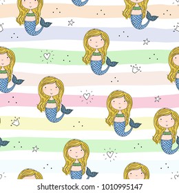 Seamless pattern with Hand drawn vector little mermaid.