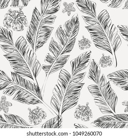 Seamless pattern hand drawn vector nature organic black palm leaves hibiscus plumeria flowers white background