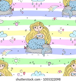 Seamless pattern with Hand drawn vector little mermaid