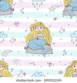 Seamless pattern with Hand drawn vector little mermaid